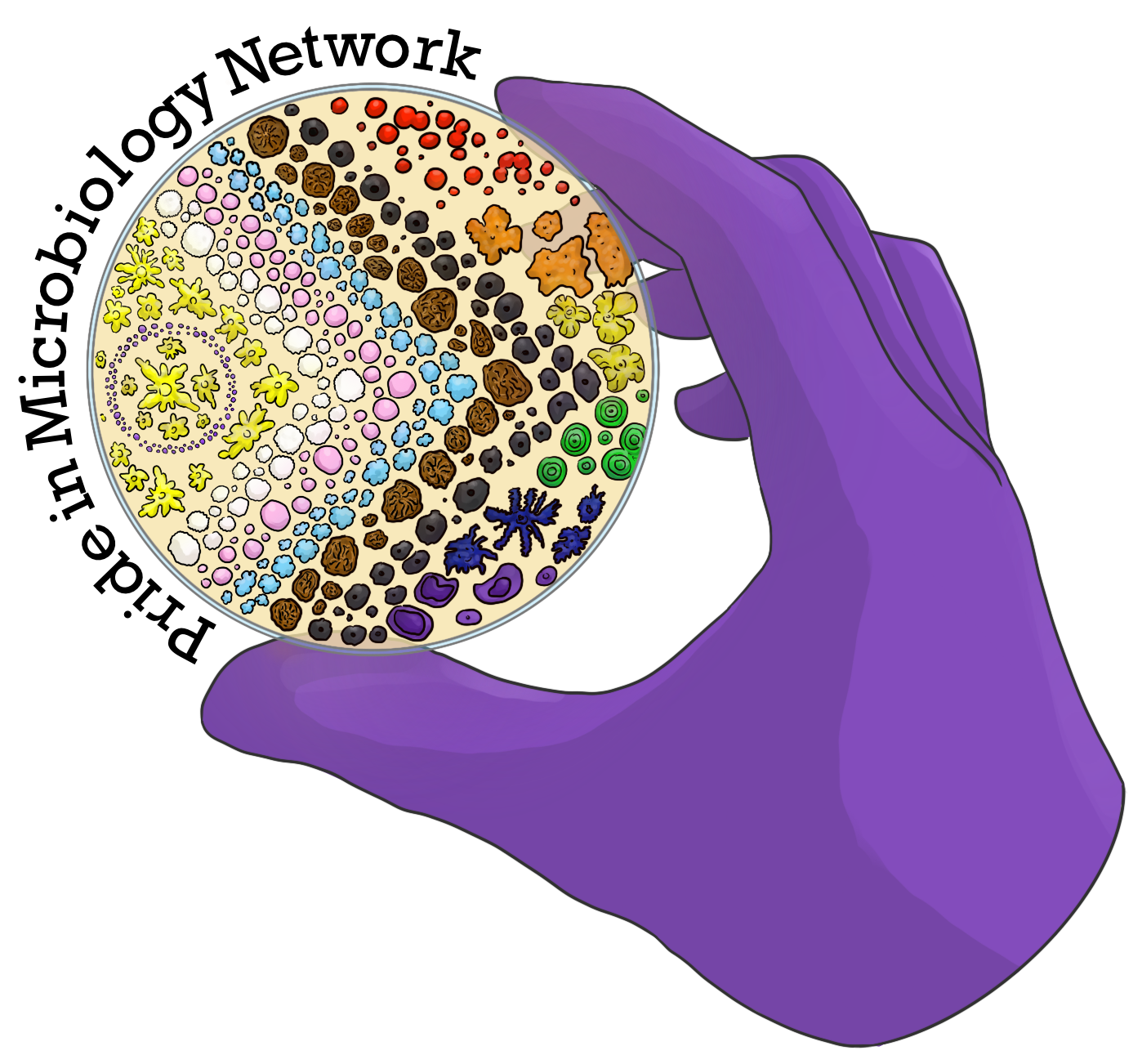 A petri plate with the progress pride flag represented as different looking bacterial and fungal colonies, being held by a hand wearing a purple glove. This is the logo for Pride in Microbiology